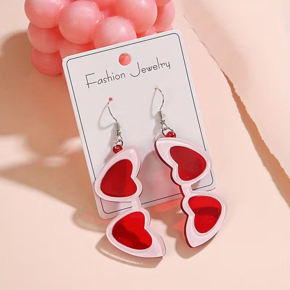 Heart Sunglasses Drop Earrings Summer Pink Novelty Acrylic Lightweight Fun Beach